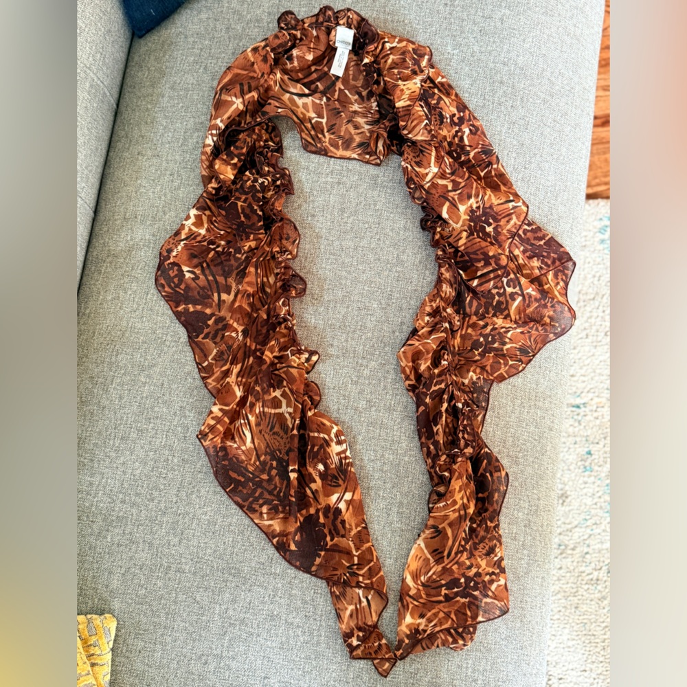 Chico’s Brown Giraffe Print Ruffled Infinity Scarf – Elegant Animal Print